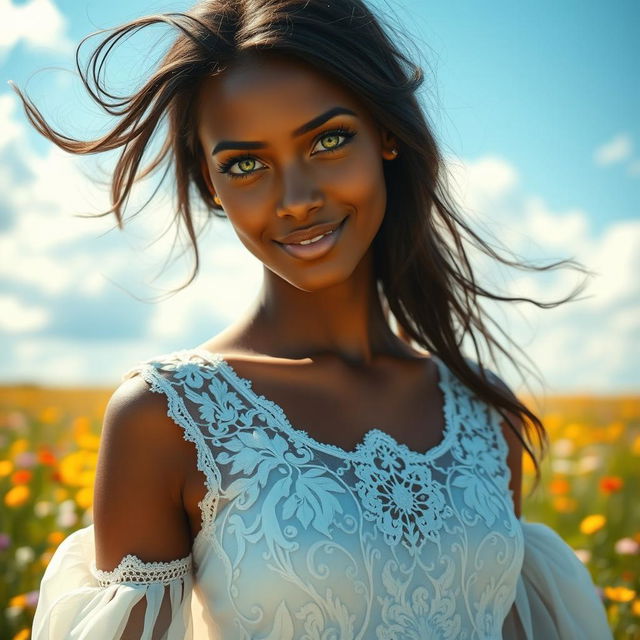 A stunning portrait of a beautiful bronze-skinned young woman with vibrant green eyes, wearing a flowing white dress adorned with intricate lace designs