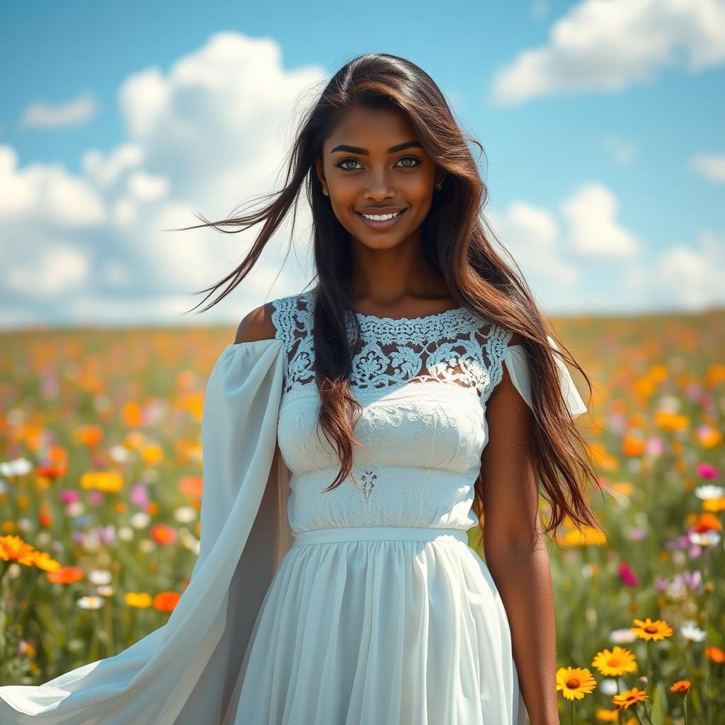 A stunning portrait of a beautiful bronze-skinned young woman with vibrant green eyes, wearing a flowing white dress adorned with intricate lace designs