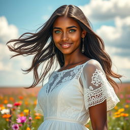 A stunning portrait of a beautiful bronze-skinned young woman with vibrant green eyes, wearing a flowing white dress adorned with intricate lace designs