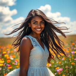 A stunning portrait of a beautiful bronze-skinned young woman with vibrant green eyes, wearing a flowing white dress adorned with intricate lace designs