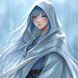 An exquisite light novel cover showcasing a tall female character with long, flowing silver hair that shimmers like moonlight as it merges with the rain