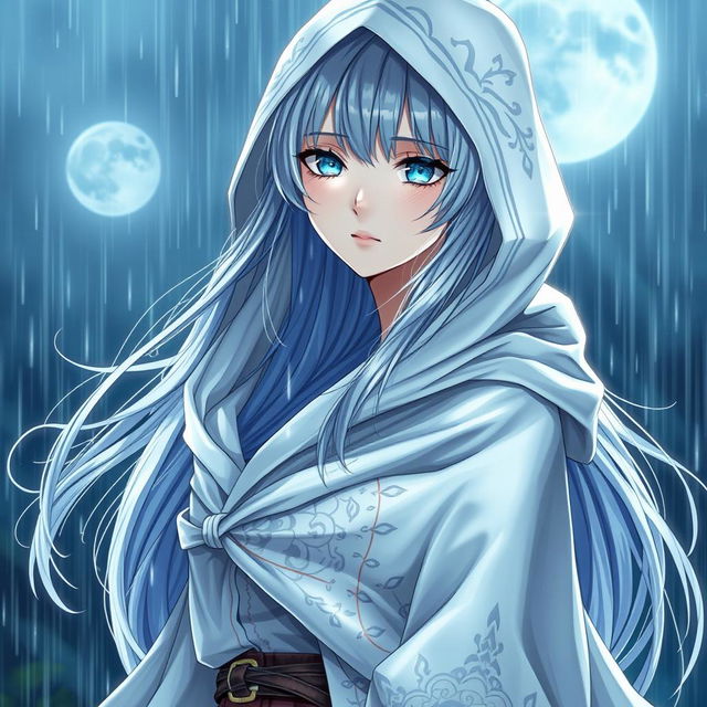 An exquisite light novel cover showcasing a tall female character with long, flowing silver hair that shimmers like moonlight as it merges with the rain