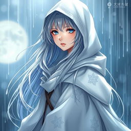 An exquisite light novel cover showcasing a tall female character with long, flowing silver hair that shimmers like moonlight as it merges with the rain