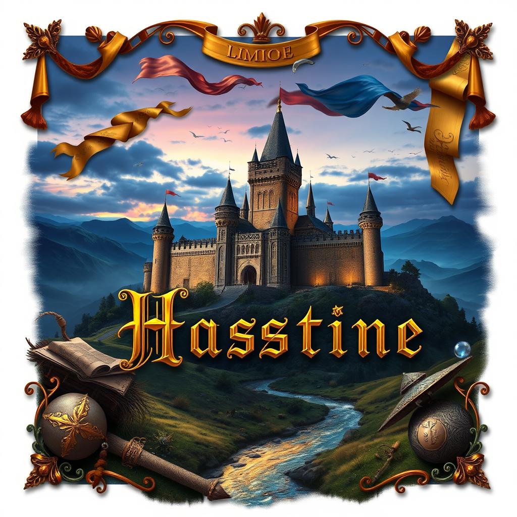 A stunning fantasy and history-themed page design, featuring an elaborate medieval castle set against a twilight sky