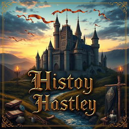 A stunning fantasy and history-themed page design, featuring an elaborate medieval castle set against a twilight sky