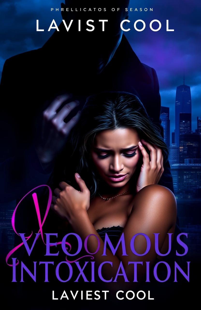 A book cover for 'Venomous Intoxication' by Laviest Cool, featuring a shadowy figure of a man named Julian looming over a visibly shaken woman named Maya