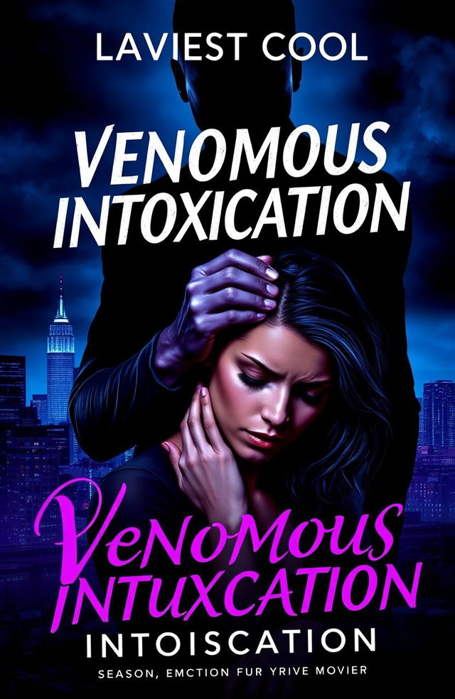 A book cover for 'Venomous Intoxication' by Laviest Cool, featuring a shadowy figure of a man named Julian looming over a visibly shaken woman named Maya