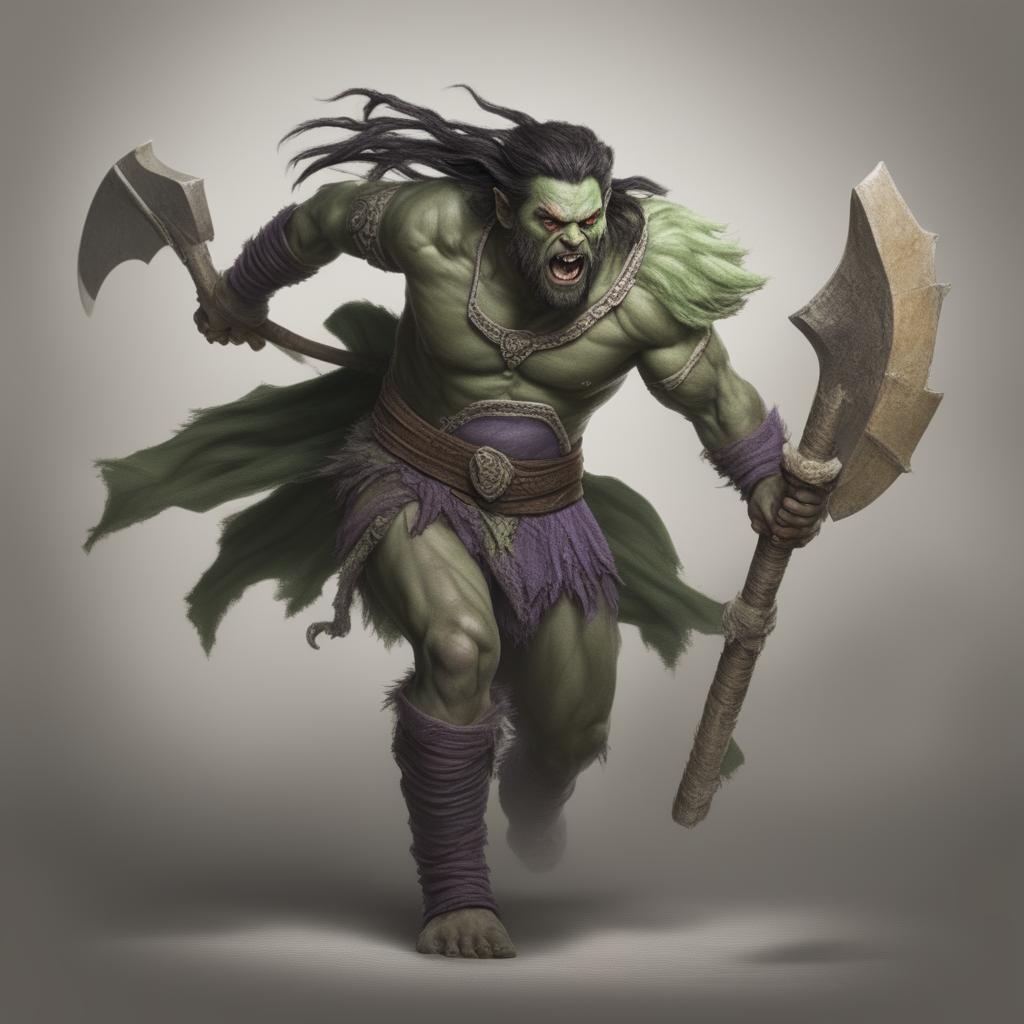 A highly detailed and realistic image of a half-orc barbarian male in mid-leap, snarling with tusks bared