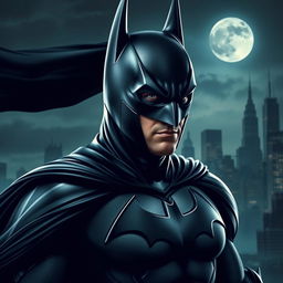 A portrayal of Batman with a uniquely designed cowl and costume, integrating the facial features of a specific individual (please specify the person's name or characteristics for the face)