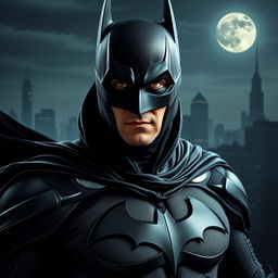 A portrayal of Batman with a uniquely designed cowl and costume, integrating the facial features of a specific individual (please specify the person's name or characteristics for the face)