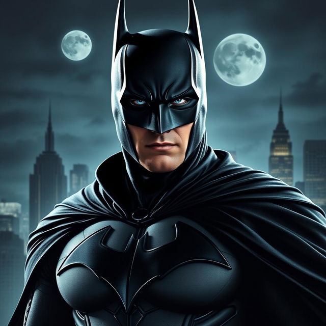 A portrayal of Batman with a uniquely designed cowl and costume, integrating the facial features of a specific individual (please specify the person's name or characteristics for the face)