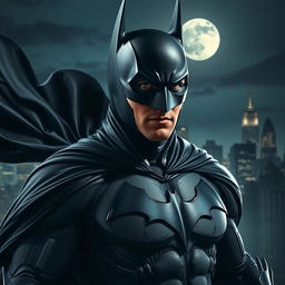 A portrayal of Batman with a uniquely designed cowl and costume, integrating the facial features of a specific individual (please specify the person's name or characteristics for the face)