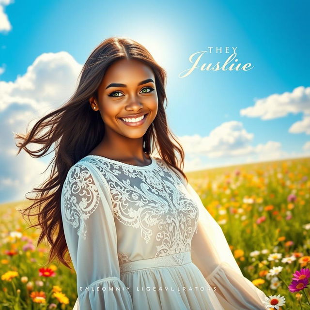 A visually striking movie poster featuring a stunning portrait of a beautiful bronze-skinned young woman with vibrant green eyes, wearing a flowing white dress adorned with intricate lace designs