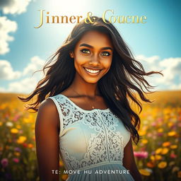 A visually striking movie poster featuring a stunning portrait of a beautiful bronze-skinned young woman with vibrant green eyes, wearing a flowing white dress adorned with intricate lace designs