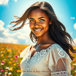 A visually striking movie poster featuring a stunning portrait of a beautiful bronze-skinned young woman with vibrant green eyes, wearing a flowing white dress adorned with intricate lace designs