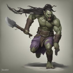 A highly detailed and realistic image of a half-orc barbarian male in mid-leap, snarling with tusks bared