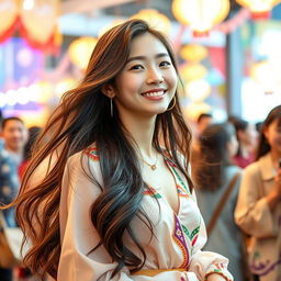 A beautiful Korean girl with long, flowing hair, wearing elegant and fashionable clothing, joyfully participating in an event