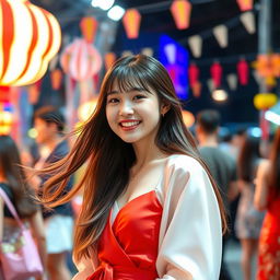 A beautiful Korean girl with long, flowing hair, wearing elegant and fashionable clothing, joyfully participating in an event