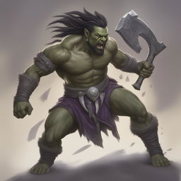 A highly detailed and realistic image of a half-orc barbarian male in mid-leap, snarling with tusks bared