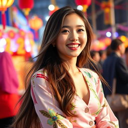 A beautiful Korean girl with long, flowing hair, wearing elegant and fashionable clothing, joyfully participating in an event