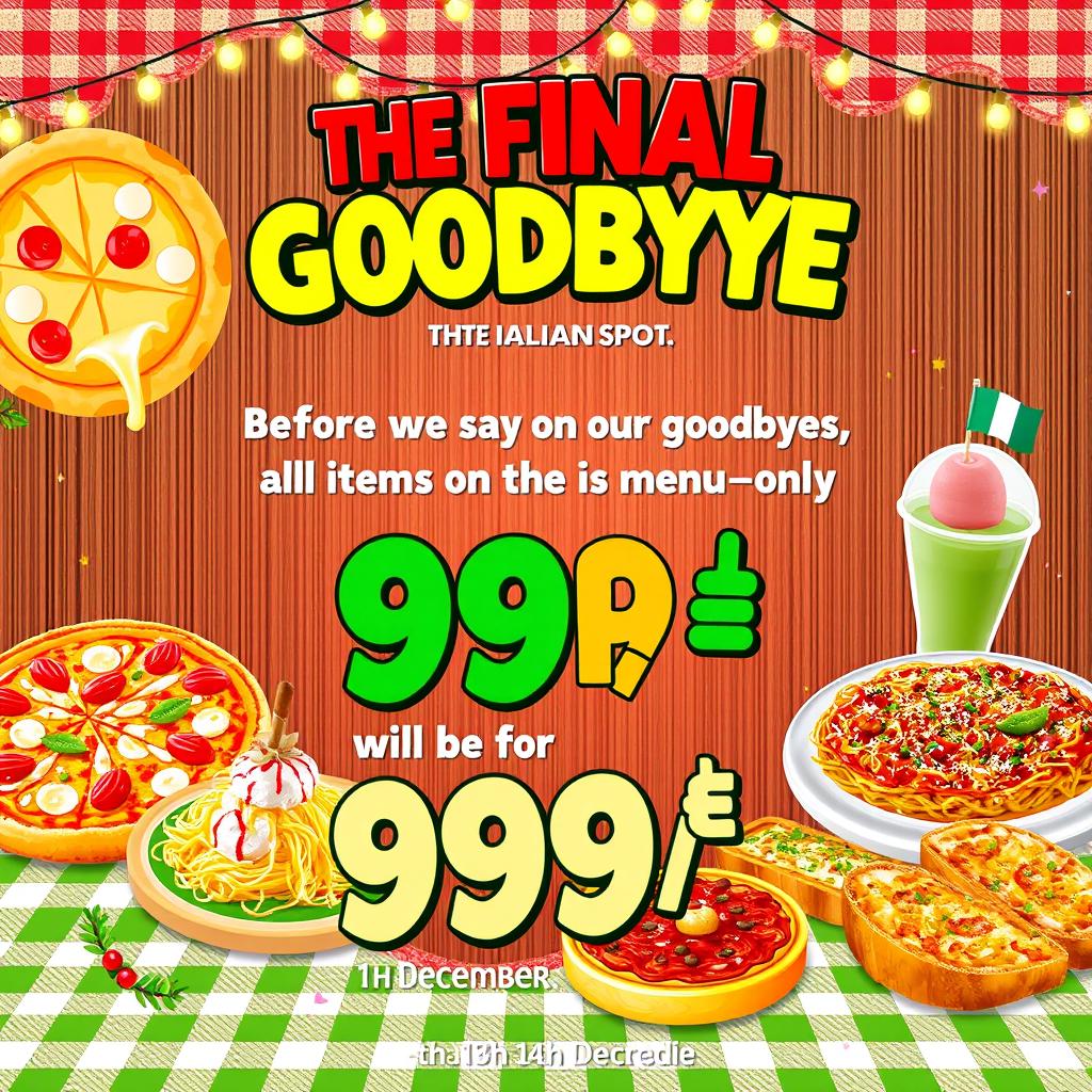 A vibrant and colorful poster titled "The Final Goodbye from THE ITALIAN SPOT"
