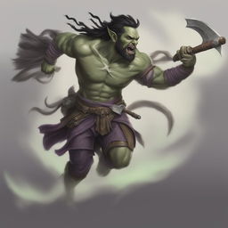 A highly detailed and realistic image of a half-orc barbarian male in mid-leap, snarling with tusks bared