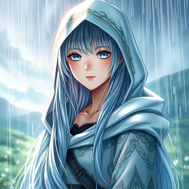 A captivating light novel cover depicting a tall female character with long, lustrous silver hair cascading down her back, glistening in the rain