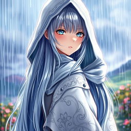 A captivating light novel cover depicting a tall female character with long, lustrous silver hair cascading down her back, glistening in the rain