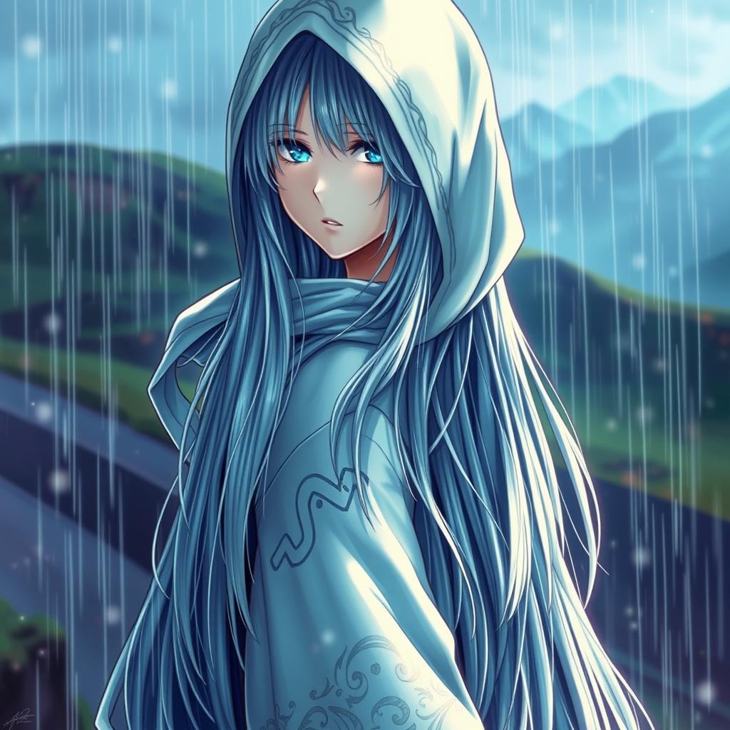 A captivating light novel cover depicting a tall female character with long, lustrous silver hair cascading down her back, glistening in the rain