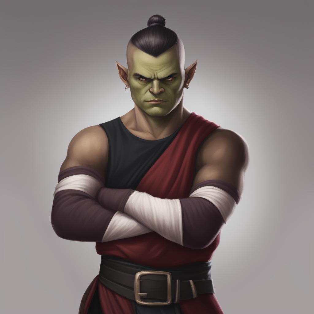 A high-quality digital art of a stern half-orc monk, standing with arms crossed against a neutral white background