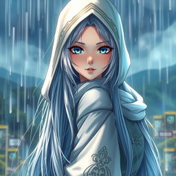A captivating light novel cover depicting a tall female character with long, lustrous silver hair cascading down her back, glistening in the rain