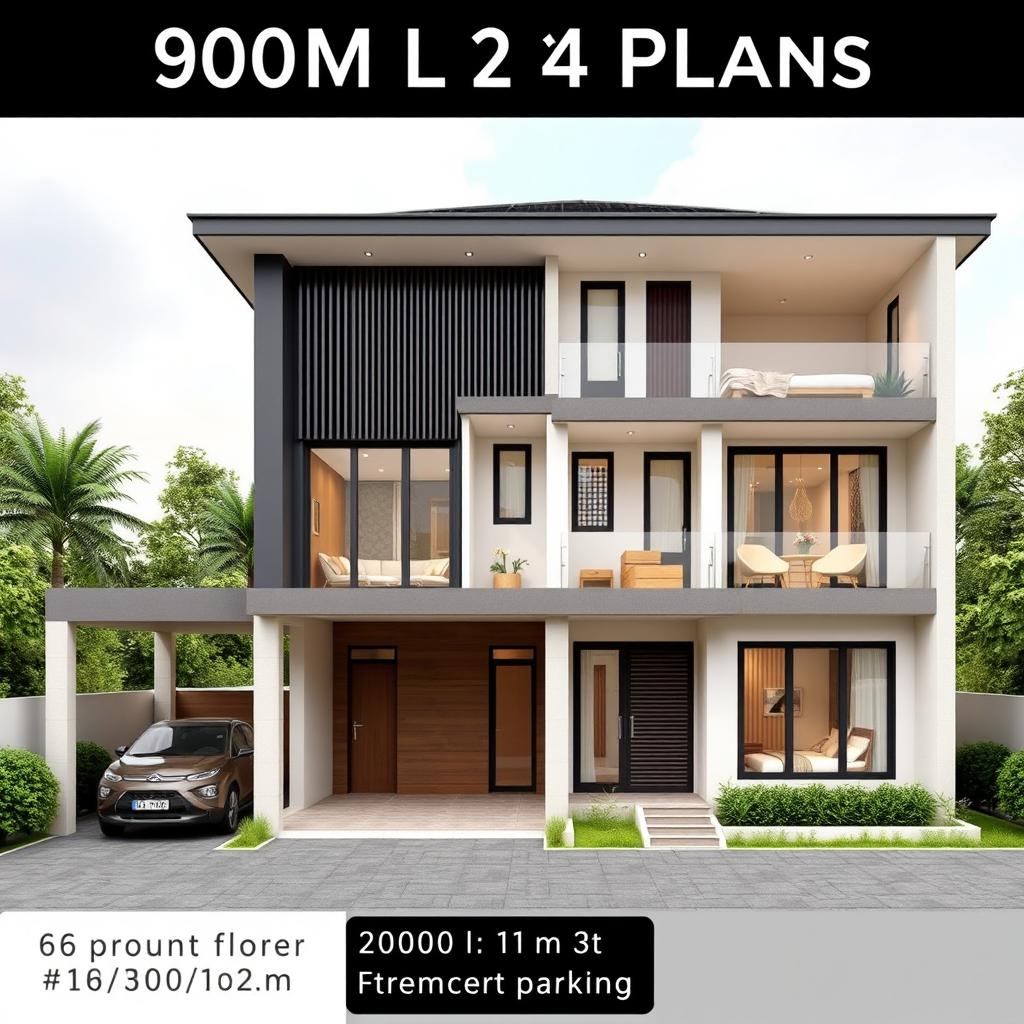 A detailed architectural plan for a modern three-story house, with a total area of 90 square meters