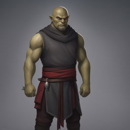 A high-quality digital art of a stern half-orc monk, standing with arms crossed against a neutral white background