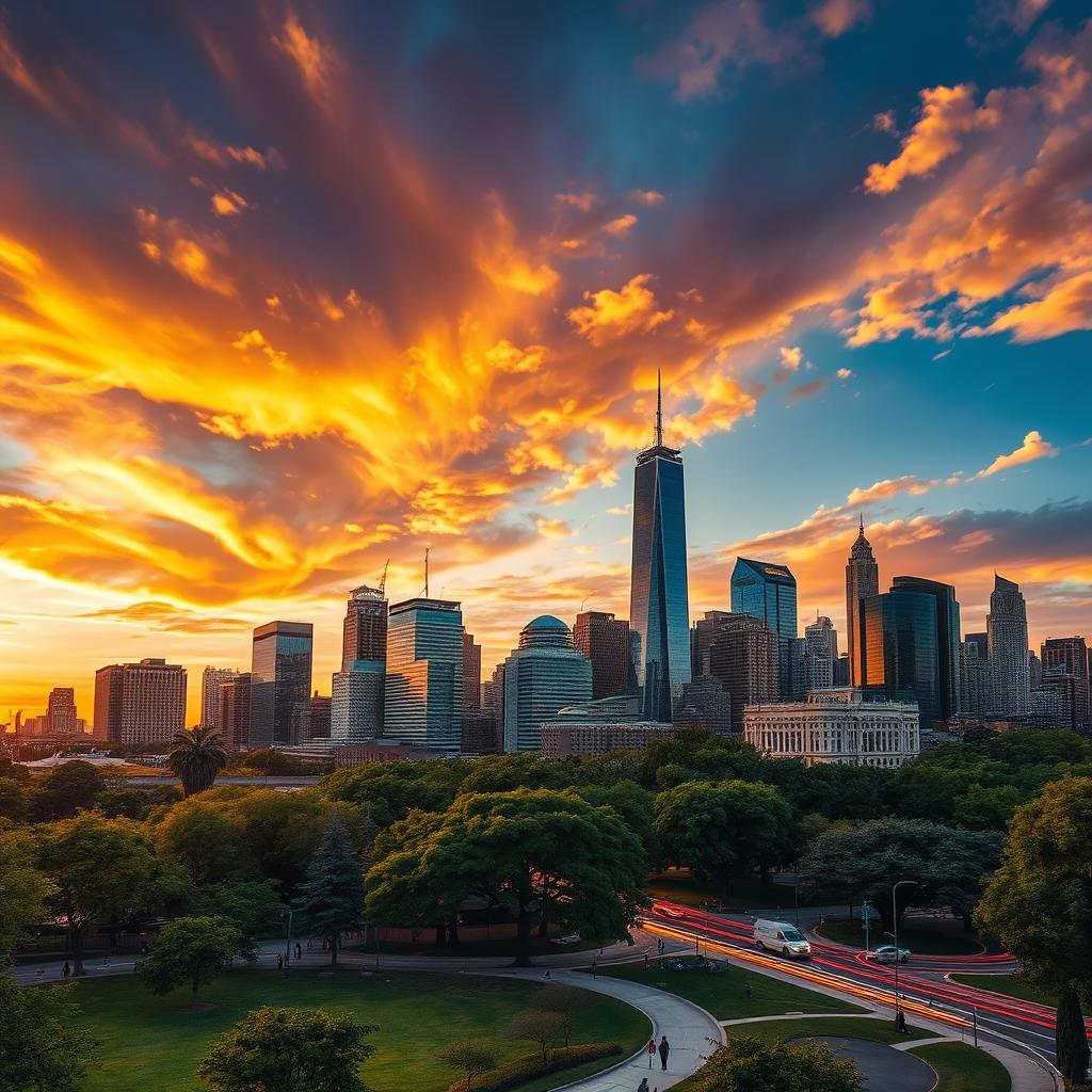 An artistic representation featuring a vibrant city skyline at sunset, with dramatic clouds illuminated by warm golden light