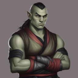 A high-quality digital art of a stern half-orc monk, standing with arms crossed against a neutral white background