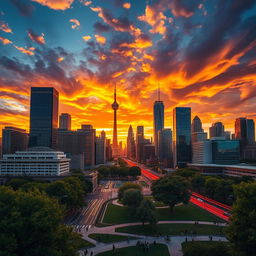 An artistic representation featuring a vibrant city skyline at sunset, with dramatic clouds illuminated by warm golden light