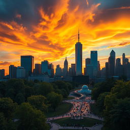 An artistic representation featuring a vibrant city skyline at sunset, with dramatic clouds illuminated by warm golden light
