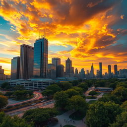 An artistic representation featuring a vibrant city skyline at sunset, with dramatic clouds illuminated by warm golden light