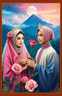 A modern interpretation of the characters Dyah Pitaloka and Hayam Wuruk set against the breathtaking landscapes of Java