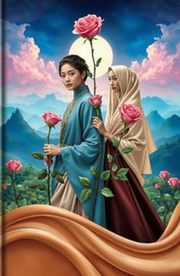 A modern interpretation of the characters Dyah Pitaloka and Hayam Wuruk set against the breathtaking landscapes of Java