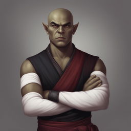 A high-quality digital art of a stern half-orc monk, standing with arms crossed against a neutral white background