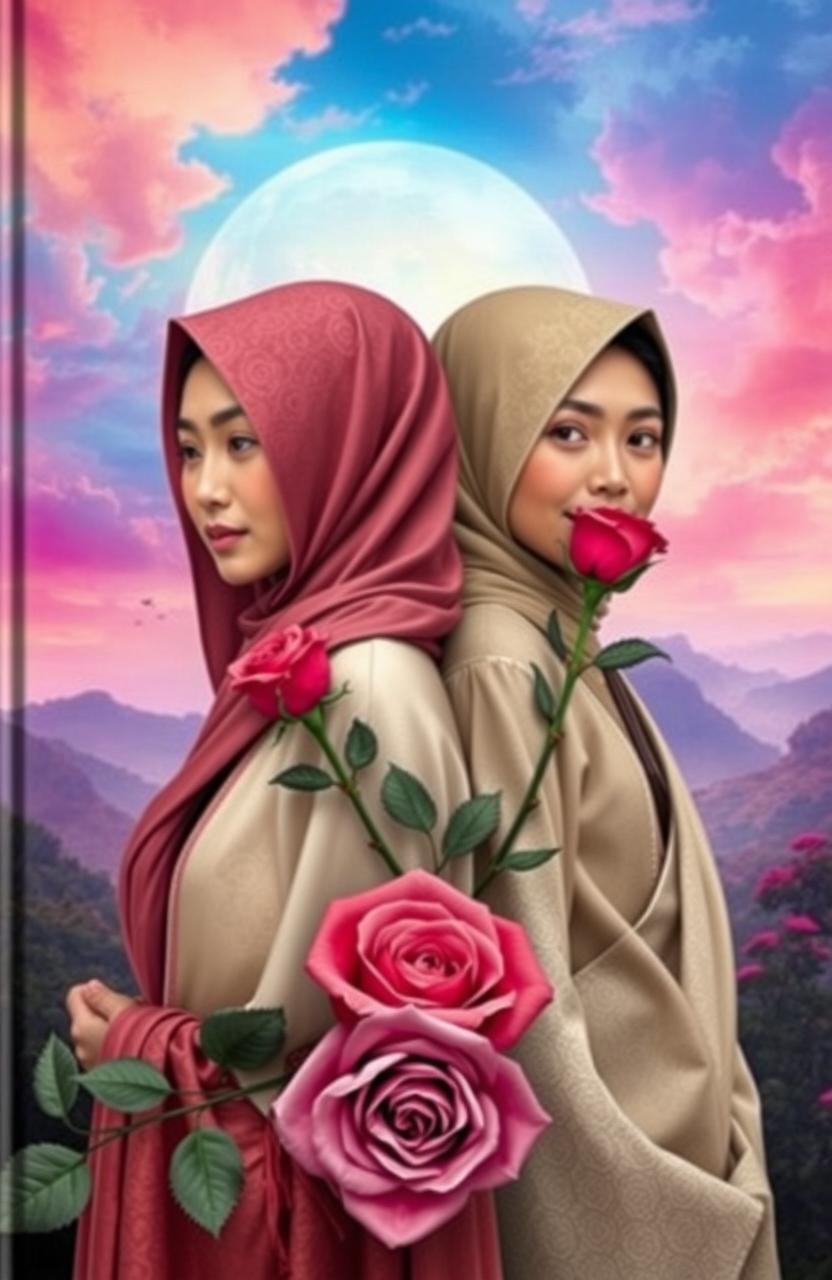 A modern interpretation of the characters Dyah Pitaloka and Hayam Wuruk set against the breathtaking landscapes of Java