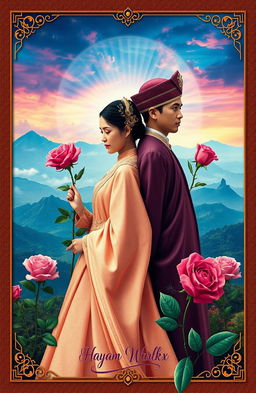 A modern interpretation of the characters Dyah Pitaloka and Hayam Wuruk set against the breathtaking landscapes of Java