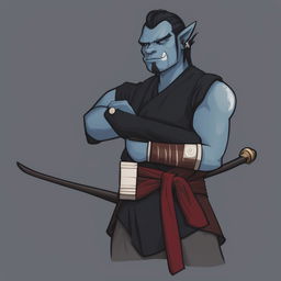 A high-quality digital art of a stern half-orc monk with blue skin, standing with arms crossed and holding a quarterstaff against a neutral white background