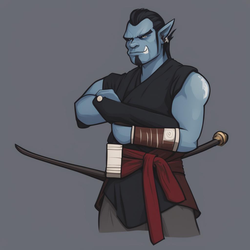 A high-quality digital art of a stern half-orc monk with blue skin, standing with arms crossed and holding a quarterstaff against a neutral white background