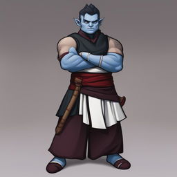 A high-quality digital art of a stern half-orc monk with blue skin, standing with arms crossed and holding a quarterstaff against a neutral white background