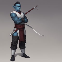 A high-quality digital art of a stern half-orc monk with blue skin, standing with arms crossed and holding a quarterstaff against a neutral white background