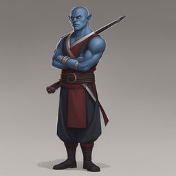 A high-quality digital art of a stern half-orc monk with blue skin, standing with arms crossed and holding a quarterstaff against a neutral white background