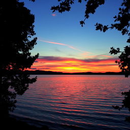 A serene landscape featuring a picturesque sunset over a serene lake, with vibrant colors reflecting on the water's surface