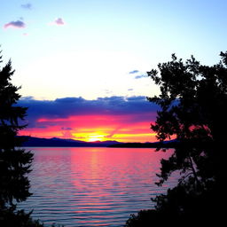 A serene landscape featuring a picturesque sunset over a serene lake, with vibrant colors reflecting on the water's surface